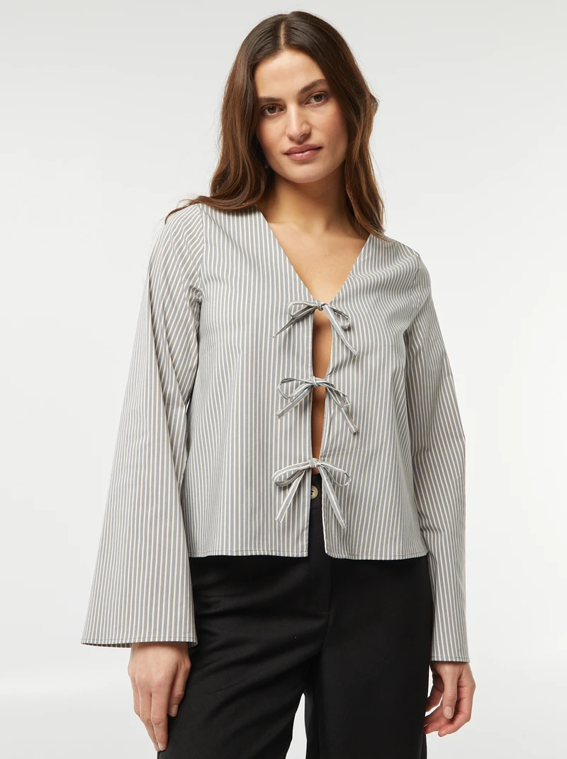 women-Striped vest blouse with ties-green